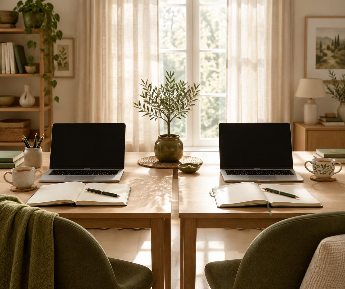 Two tidy desks set up for a working day